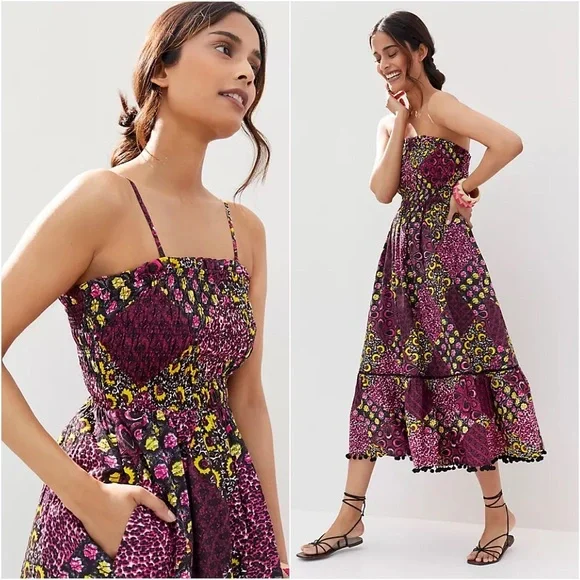 NWT RARE ANTHROPOLOGIE ABSTRACT SMOCKED POMMED MIDI DRESS - Picture 7 of 7